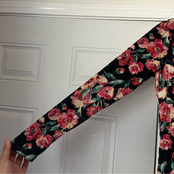 NWT NO. 6 STORE black pink floral mock neck knit suede long sleeve bodysuit - Picture 2 of 7